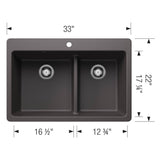 Liven SILGRANIT 33'' 60/40 Double Bowl Dual Mount Kitchen Sink with Low Divide - Coal Black