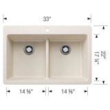 Liven SILGRANIT 33'' 50/50 Double Bowl Dual Mount Kitchen Sink with Low Divide - Coal Black