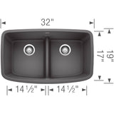 Valea SILGRANIT 32'' 50/50 Double Bowl Undermount Kitchen Sink with Low Divide - Cinder