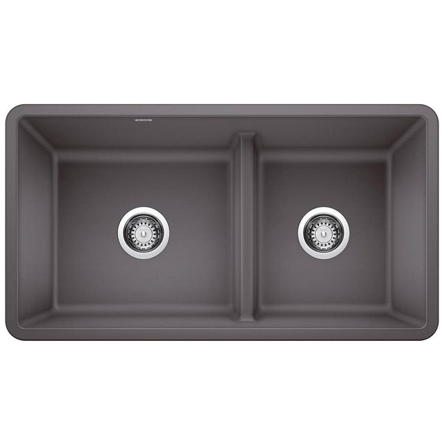 Blanco - Precis SILGRANIT 33'' 60/40 Reversible Double Bowl Undermount Kitchen Sink with Low Divide - Cinder - Cinder