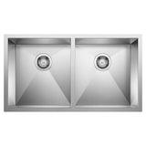 Blanco - Quatrus R0 32'' 50/50 Double Bowl Undermount Stainless Steel Kitchen Sink - Satin Polish