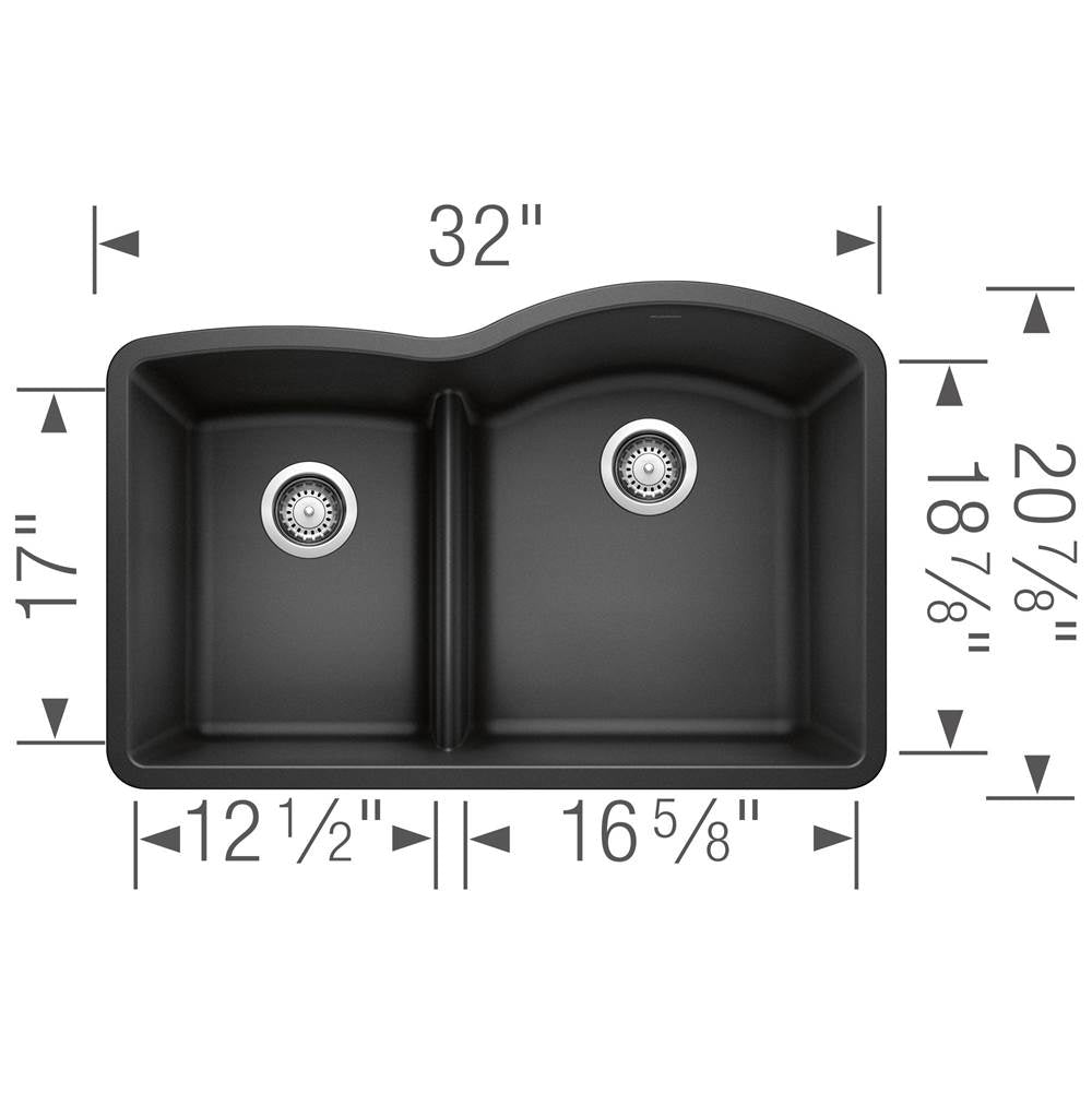 Diamond SILGRANIT 32'' 40/60 Reverse Double Bowl Undermount Kitchen Sink with Low Divide - Anthracite