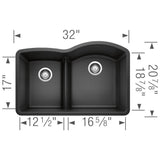 Diamond SILGRANIT 32'' 40/60 Reverse Double Bowl Undermount Kitchen Sink with Low Divide - Anthracite