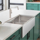 Quatrus R15 33'' 60/40 Double Bowl Apron-Front Stainless Steel Farmhouse Sink with Low Divide
