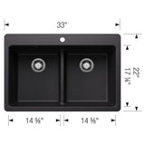 Liven SILGRANIT 33'' 50/50 Double Bowl Dual Mount Kitchen Sink with Low Divide - Coal Black