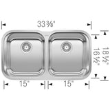 Stellar 33'' 50/50 Double Bowl Undermount Stainless Steel Kitchen Sink