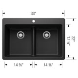 Liven SILGRANIT 33'' 50/50 Double Bowl Dual Mount Kitchen Sink with Low Divide - Coal Black