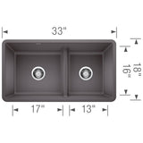 Precis SILGRANIT 33'' 60/40 Reversible Double Bowl Undermount Kitchen Sink with Low Divide - Cinder