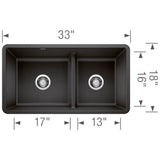 Precis SILGRANIT 33'' 60/40 Reversible Double Bowl Undermount Kitchen Sink with Low Divide - Cinder