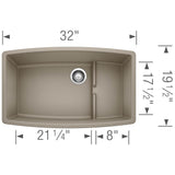 Performa Cascade SILGRANIT 32'' Single Bowl Undermount Kitchen Sink with Colander - Cafe