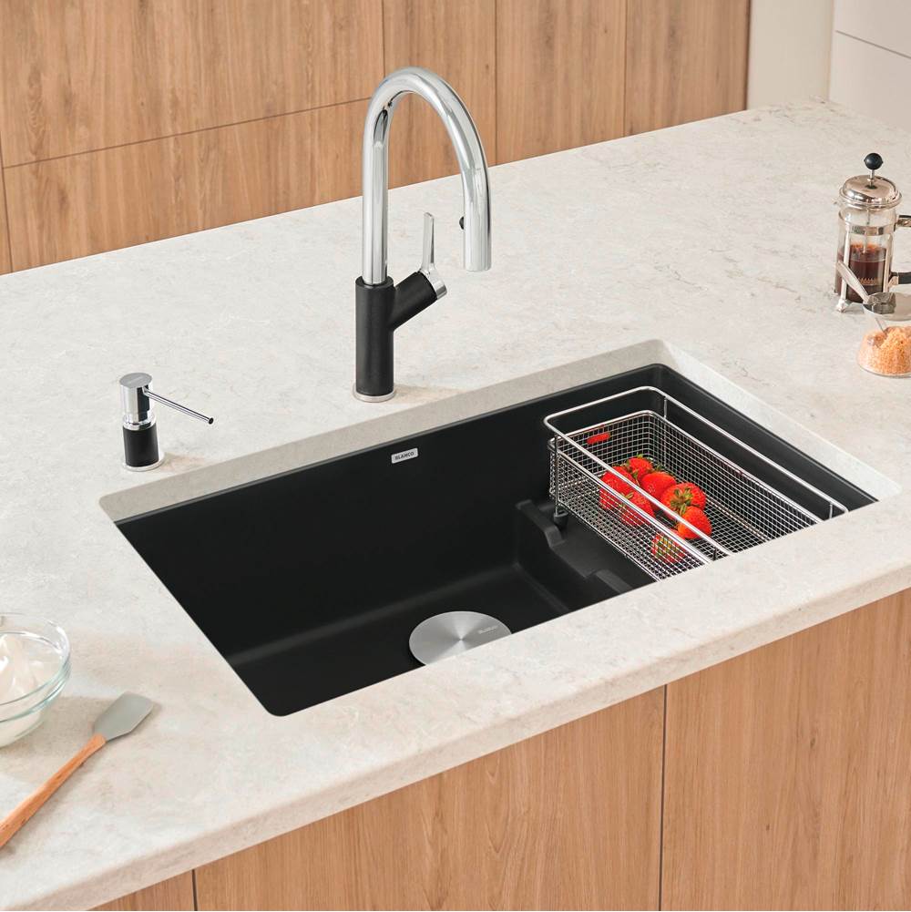 Precis Cascade SILGRANIT 29'' Single Bowl Undermount Kitchen Sink with Colander - Coal Black