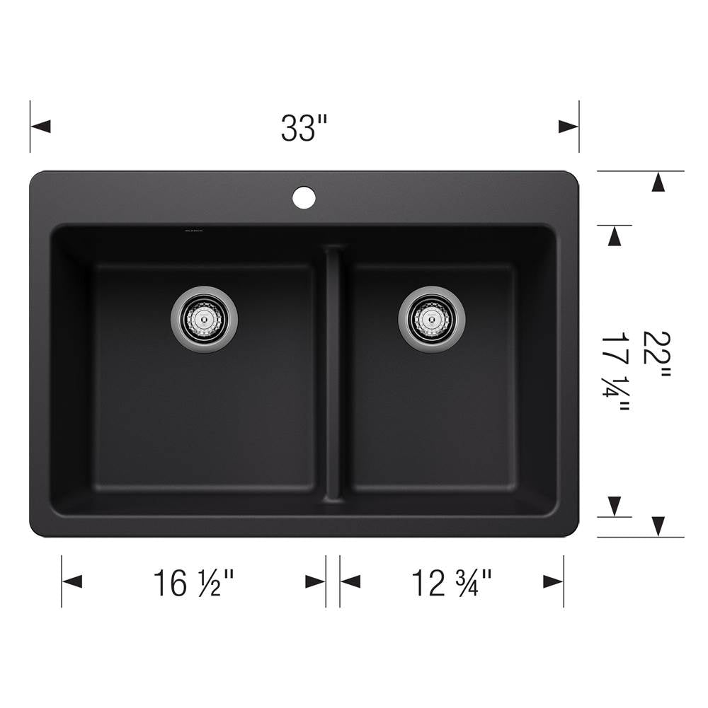 Liven SILGRANIT 33'' 60/40 Double Bowl Dual Mount Kitchen Sink with Low Divide - Coal Black