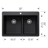 Liven SILGRANIT 33'' 60/40 Double Bowl Dual Mount Kitchen Sink with Low Divide - Coal Black