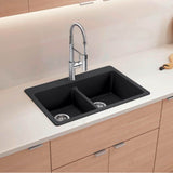 Liven SILGRANIT 33'' 50/50 Double Bowl Dual Mount Kitchen Sink with Low Divide - Coal Black