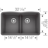 Diamond SILGRANIT 32'' 50/50 Double Bowl Undermount Kitchen Sink with Low Divide - Cinder