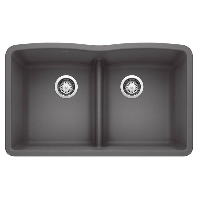 Blanco - Diamond SILGRANIT 32'' 50/50 Double Bowl Undermount Kitchen Sink with Low Divide - Cinder - Cinder