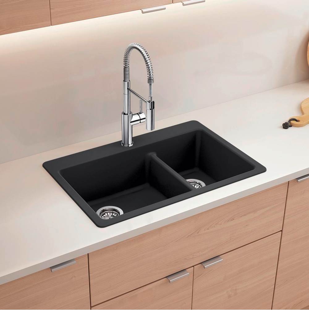Liven SILGRANIT 33'' 60/40 Double Bowl Dual Mount Kitchen Sink with Low Divide - Coal Black