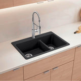 Liven SILGRANIT 33'' 60/40 Double Bowl Dual Mount Kitchen Sink with Low Divide - Coal Black