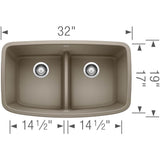 Valea SILGRANIT 32'' 50/50 Double Bowl Undermount Kitchen Sink with Low Divide - Cinder