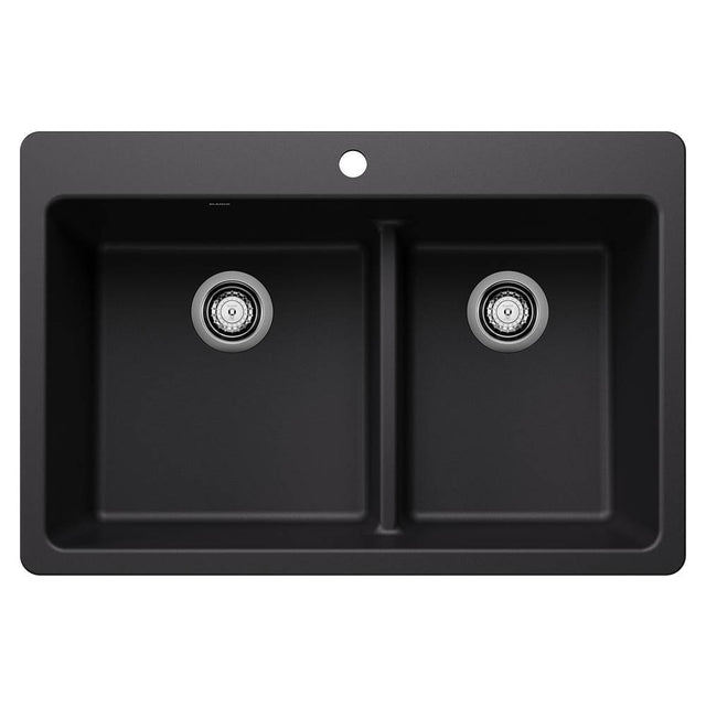 Blanco - Liven SILGRANIT 33'' 60/40 Double Bowl Dual Mount Kitchen Sink with Low Divide - Coal Black - Coal Black