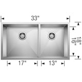 Quatrus R0 33'' 60/40 Double Bowl Undermount Stainless Kitchen Sink