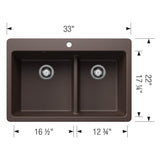 Liven SILGRANIT 33'' 60/40 Double Bowl Dual Mount Kitchen Sink with Low Divide - Coal Black