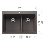 Liven SILGRANIT 33'' 60/40 Double Bowl Dual Mount Kitchen Sink with Low Divide - Coal Black