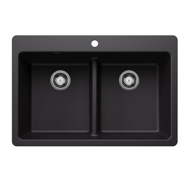 Blanco - Liven SILGRANIT 33'' 50/50 Double Bowl Dual Mount Kitchen Sink with Low Divide - Coal Black - Coal Black