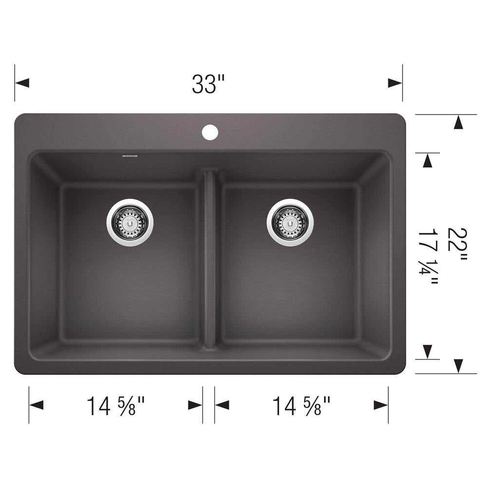 Liven SILGRANIT 33'' 50/50 Double Bowl Dual Mount Kitchen Sink with Low Divide - Coal Black