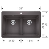 Liven SILGRANIT 33'' 50/50 Double Bowl Dual Mount Kitchen Sink with Low Divide - Coal Black
