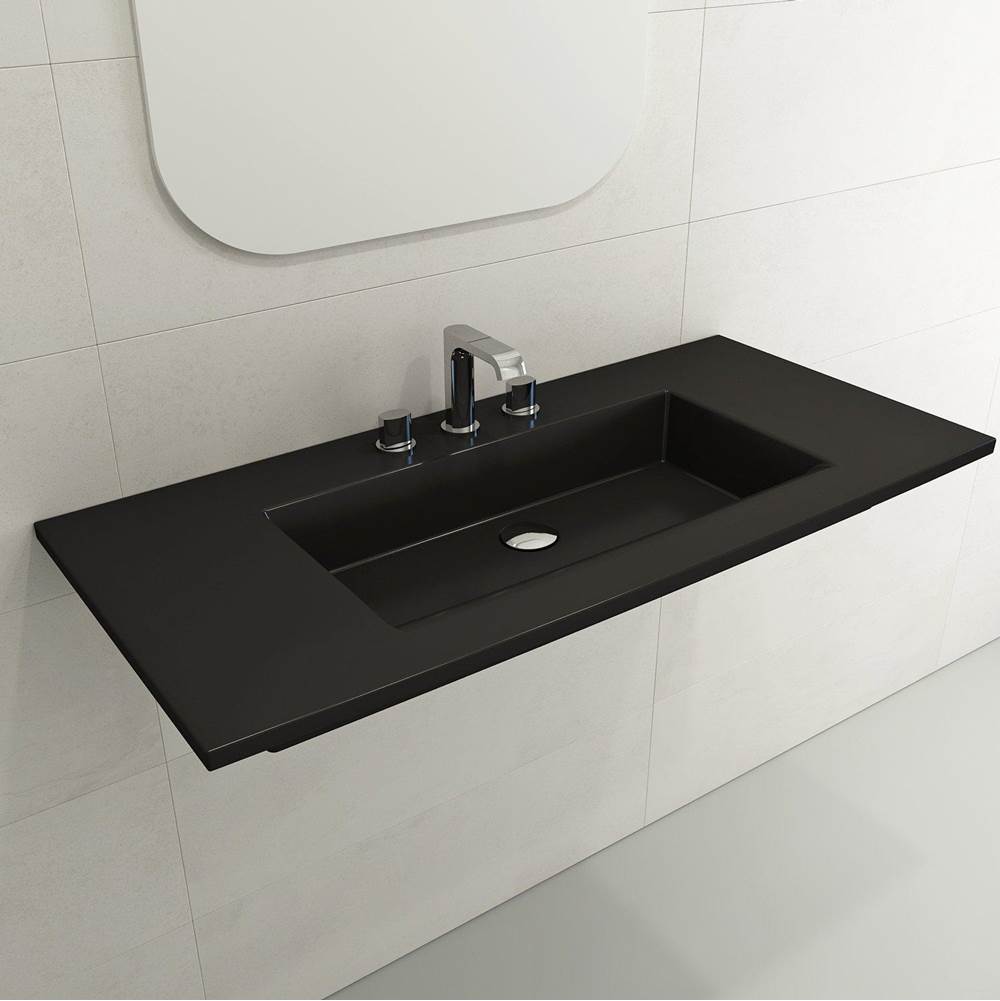 BOCCHI - Ravenna Wall-Mounted Sink Fireclay 40.5 in. 3-Hole with Overflow in Matte Black - Matte Black