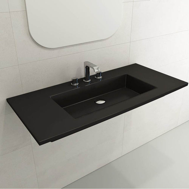 BOCCHI - Ravenna Wall-Mounted Sink Fireclay 40.5 in. 3-Hole with Overflow in Matte Black - Matte Black