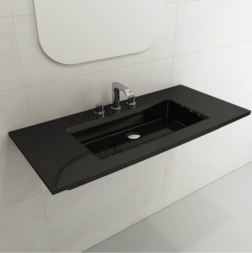 BOCCHI - Ravenna Wall-Mounted Sink Fireclay 40.5 in. 3-Hole with Overflow in Black - Black