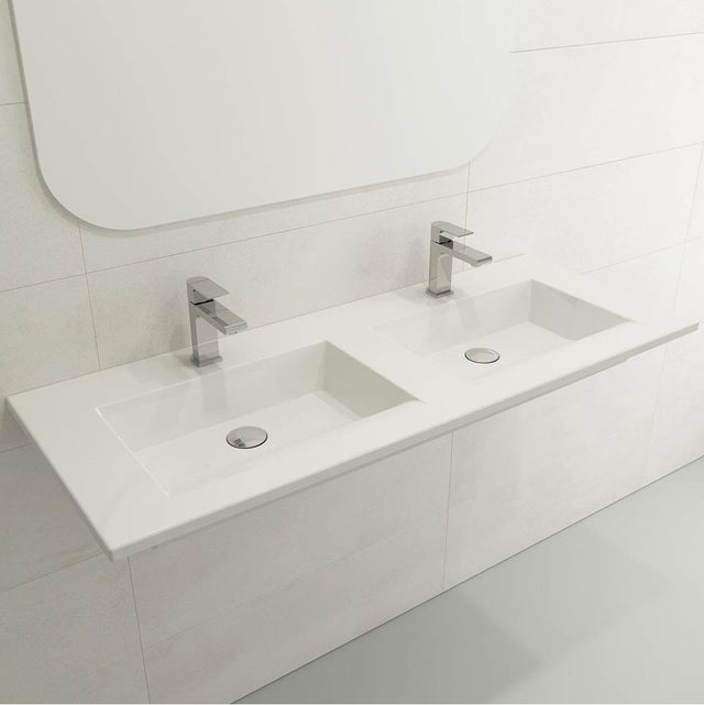 BOCCHI - Ravenna Wall-Mounted Sink Fireclay 48 in. Double Bowl for Two 1-Hole Faucets with Overflows in White - White