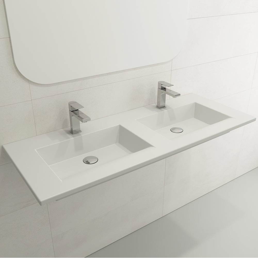 BOCCHI - Ravenna Wall-Mounted Sink Fireclay 48 in. Double Bowl for Two 1-Hole Faucets with Overflows in Matte White - Matte White