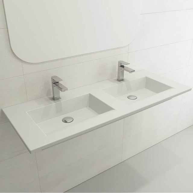 BOCCHI - Ravenna Wall-Mounted Sink Fireclay 48 in. Double Bowl for Two 1-Hole Faucets with Overflows in Matte White - Matte White