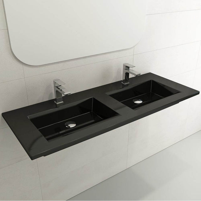 BOCCHI - Ravenna Wall-Mounted Sink Fireclay 48 in. Double Bowl for Two 1-Hole Faucets with Overflows in Black - Black