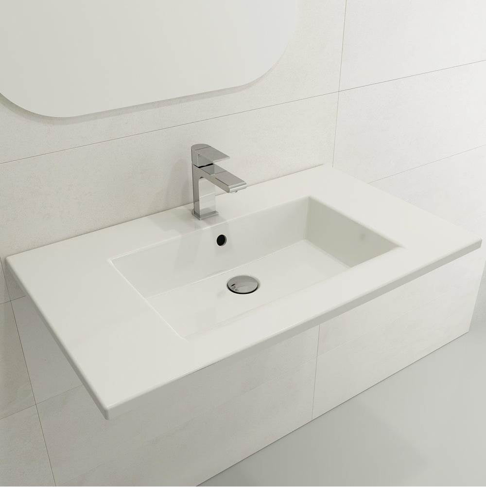 BOCCHI - Ravenna Wall-Mounted Sink Fireclay 32.25 in. 3-Hole with Overflow in White - White