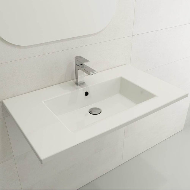 BOCCHI - Ravenna Wall-Mounted Sink Fireclay 32.25 in. 3-Hole with Overflow in White - White