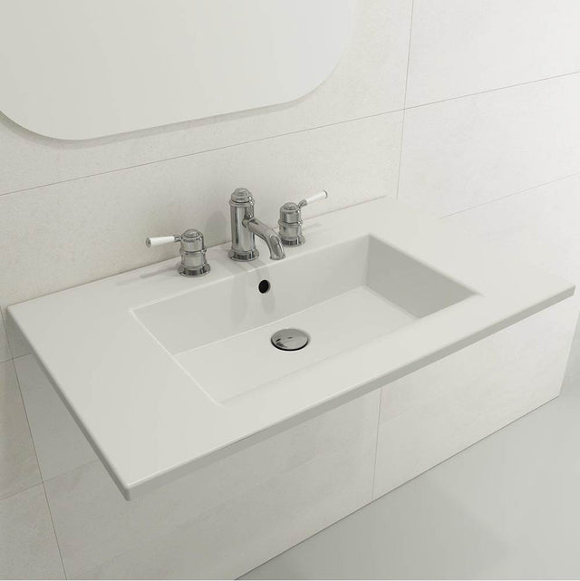 BOCCHI - Ravenna Wall-Mounted Sink Fireclay 32.25 in. 1-Hole with Overflow in Matte White - Matte White