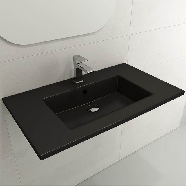 BOCCHI - Ravenna Wall-Mounted Sink Fireclay 32.25 in. 3-Hole with Overflow in Matte Black - Matte Black