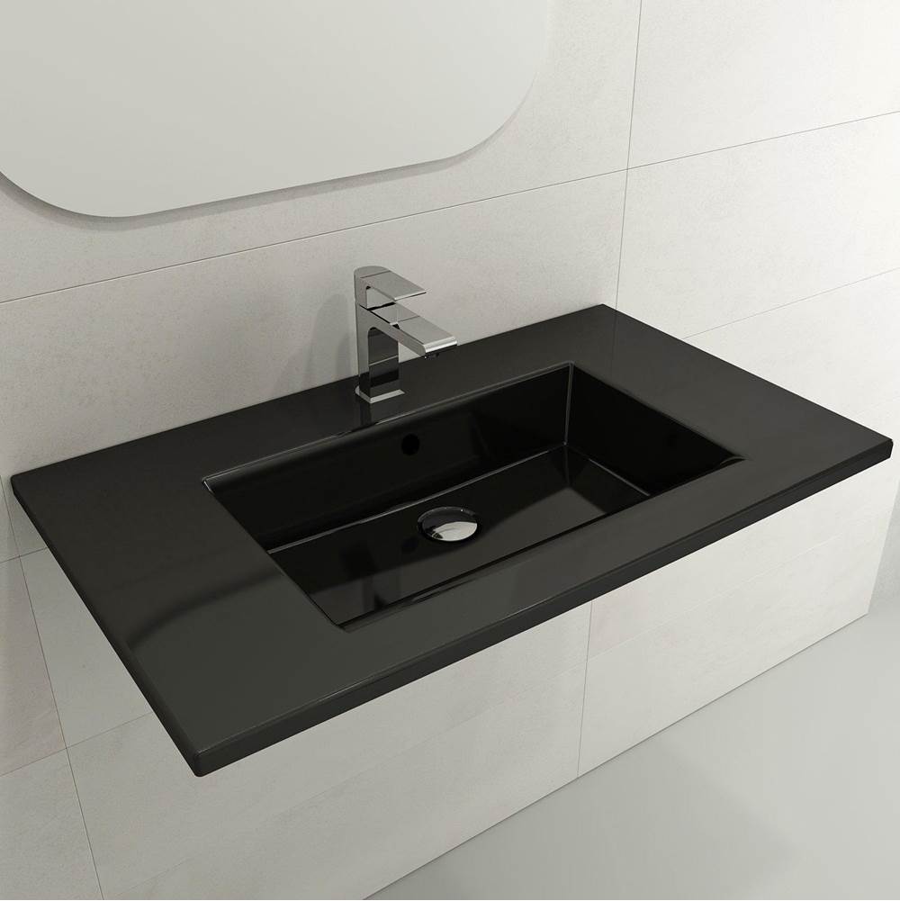 BOCCHI - Ravenna Wall-Mounted Sink Fireclay 32.25 in. 3-Hole with Overflow in Black - Black