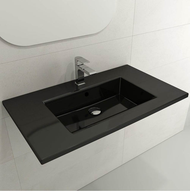 BOCCHI - Ravenna Wall-Mounted Sink Fireclay 32.25 in. 3-Hole with Overflow in Black - Black