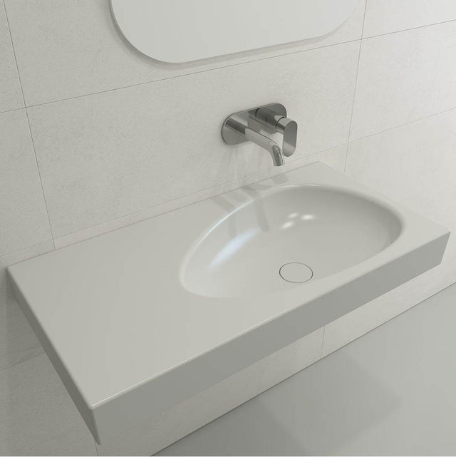 BOCCHI - Etna Wall-Mounted Sink Fireclay 35.5 in. with Matching Drain Cover in Matte White - Matte White