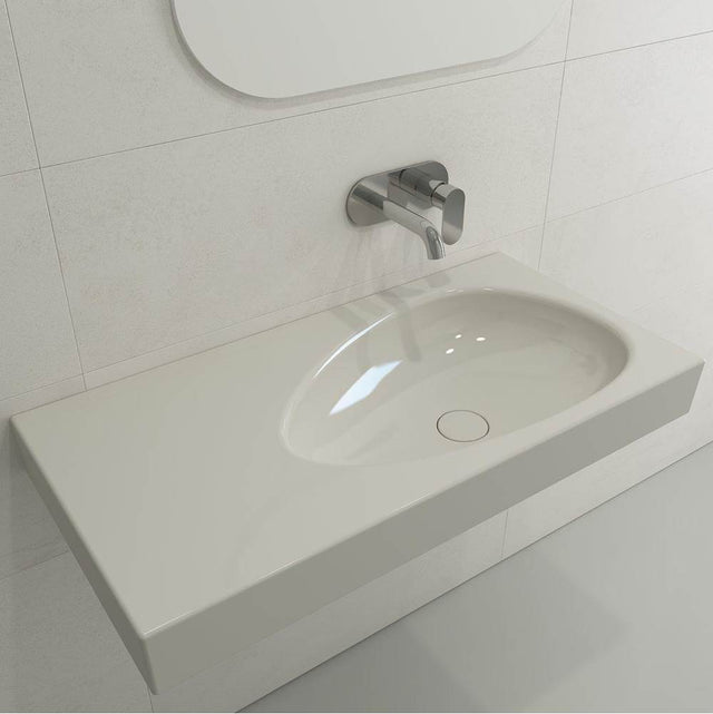 BOCCHI - Etna Wall-Mounted Sink Fireclay 35.5 in. with Matching Drain Cover in Biscuit - Biscuit