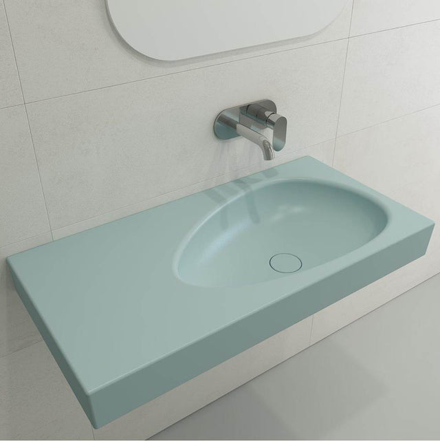 BOCCHI - Etna Wall-Mounted Sink Fireclay 35.5 in. with Matching Drain Cover in Matte Ice Blue - Matte Ice Blue