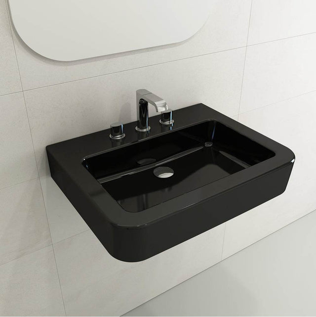 BOCCHI - Parma Wall-Mounted Sink Fireclay 25.5 in. 3-Hole with Overflow in Black - Black