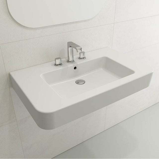 BOCCHI - Parma Wall-Mounted Sink Fireclay 33.5 in. 3-Hole with Overflow in Matte White - Matte White
