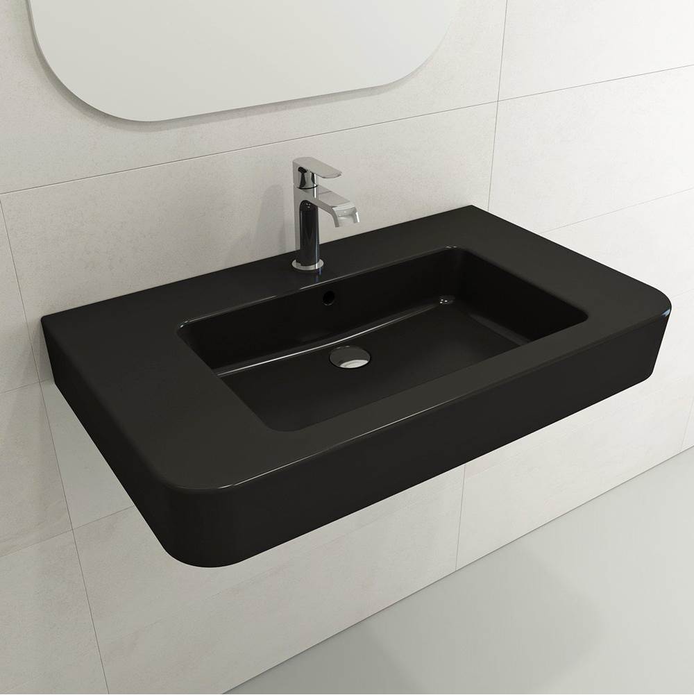 BOCCHI - Parma Wall-Mounted Sink Fireclay 33.5 in. 1-Hole with Overflow in Matte Black - Matte Black