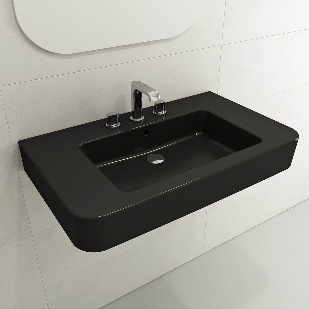 BOCCHI - Parma Wall-Mounted Sink Fireclay 33.5 in. 3-Hole with Overflow in Matte Black - Matte Black